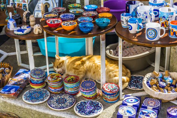 Sleeping cat among street Souvenirs A street cat sleeps on the threshold of a small souvenir shop located on a narrow pedestrian street of a small mountain Greek town. souvenir stock pictures, royalty-free photos & images