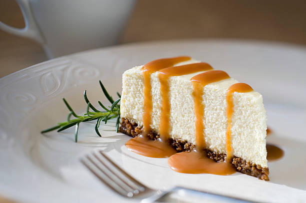 Slice of Cheesecake with Rosemary Caramel Sauce XXL stock photo