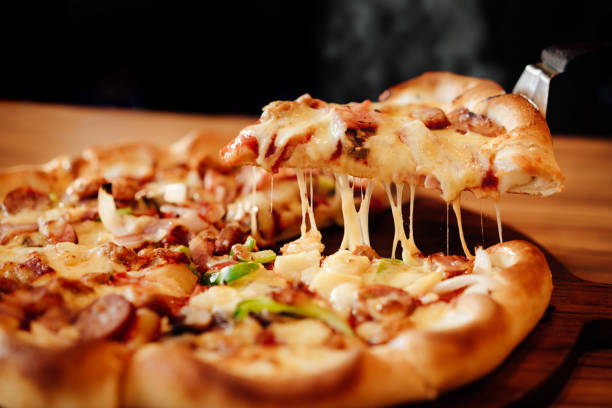 Slice Of Pizza Cheese Crust Seafood Topping Sauce With Bell Pepper Vegetables Delicious Tasty Fast