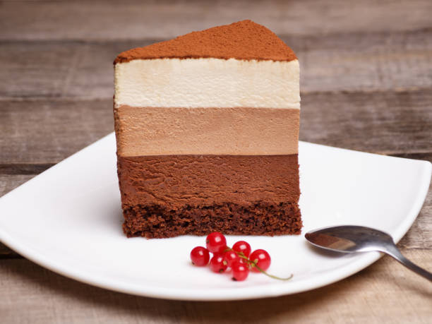 slice of the three chocolate mousse cake - serving a slice of cake imagens e fotografias de stock