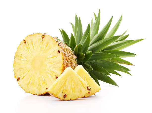Sliced open pineapple fruit slices cut pineapple with slices isolated on white pineapple stock pictures, royalty-free photos & images
