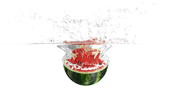 Sliced Watermelon Falling into Water with Splashes isolated on white background. 3D Rendering