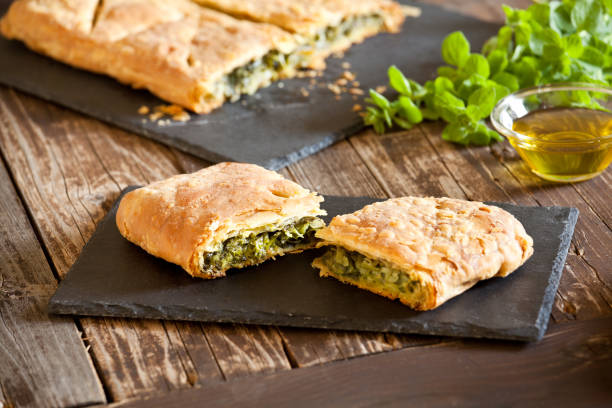 Slices Of Homemade Greek Spinach Pie stock photo
