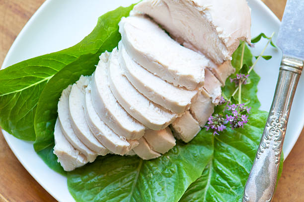 Slices of Poached Chicken Breast on White Plate from Above Sliced poached chicken breast on lettuce sitting on white plate with knife from above poached food stock pictures, royalty-free photos & images