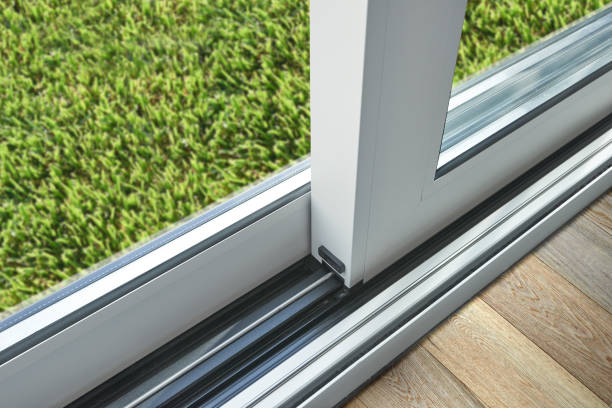 Sliding glass door detail and rail embed in floor Sliding glass door detail and rail embed in floor window frame stock pictures, royalty-free photos & images