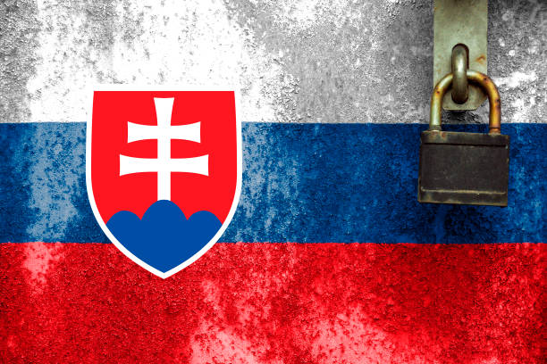 Slovakia flag is on texture. Template. Coronavirus pandemic. Countries may be closed. Locks. stock photo