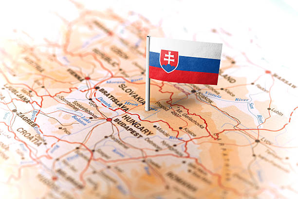 Slovakia pinned on the map with flag The flag of Slovakia pinned on the map. Horizontal orientation. Macro photography. slovakia stock pictures, royalty-free photos & images