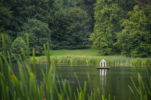 Small artificial island with a white pavilion for water birds on the lake in the idyllic landscape park of Putbus with reeds at the shore, big old trees and green lawn, Rugen in the Baltic Sea, Germany