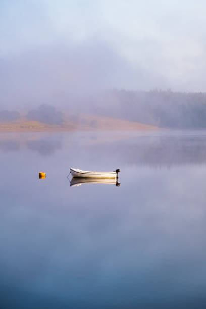 Small boat resting in the calm water stock photo