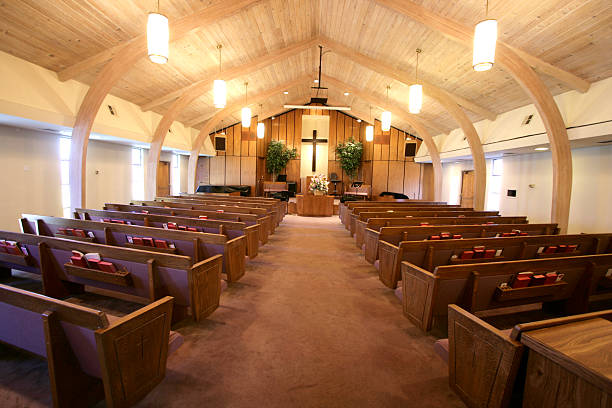 Small Church Sanctuary Sanctuary of a small church with pews and pulpit church stock pictures, royalty-free photos & images