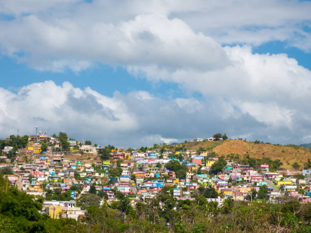 Small colored village on a hill. the southern town of Yauco sizzles with naturally saturated colors stock photo