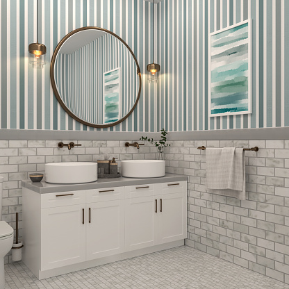 Picture of a colorful bathroom with a double sink. Render image.