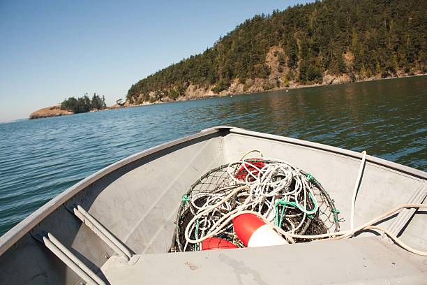 Small Fishing Boat in Water Small motor boat with crabbing equipment in the Puget Sound near San Juan Islands. crabbing stock pictures, royalty-free photos & images