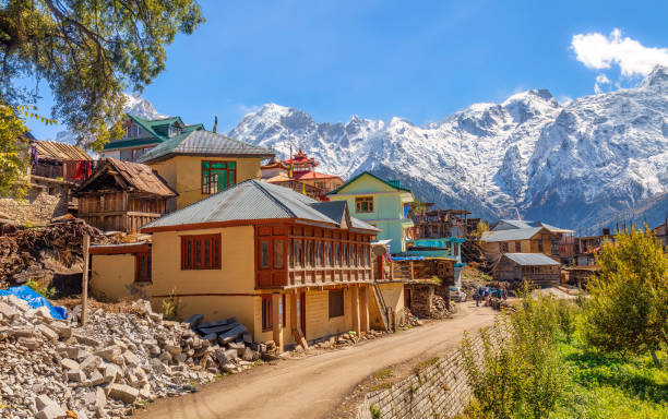 Small Himalayan village of Kalpa with scenic Kailash Himalaya mountain range at Himachal Pradesh India stock photo