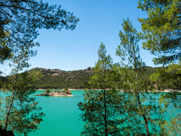 Small island in the middle of El Chorro lake in Malaga, close to Alora. Turquoise water and pines stock photo
