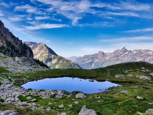 Small lake in front of the "Grand pic de Belledonne" stock photo