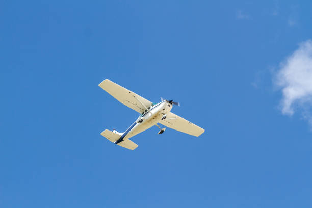 Photo of A small light plane flies in the clear sky. View from below. Horizontal orientation