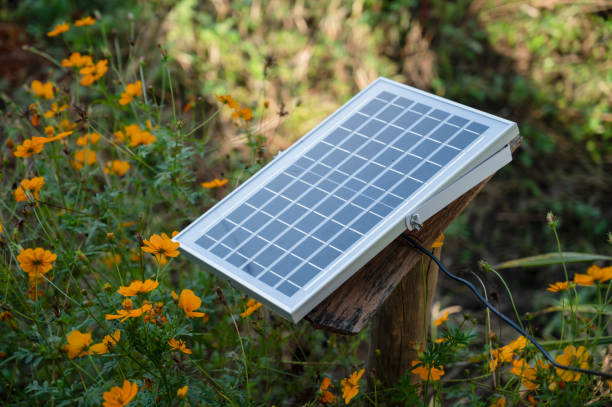 Small solar panel placed on a natural background stock photo