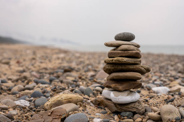 Small Stones in a Small Cairn Along the Shore of Lake Michigan stock photo
