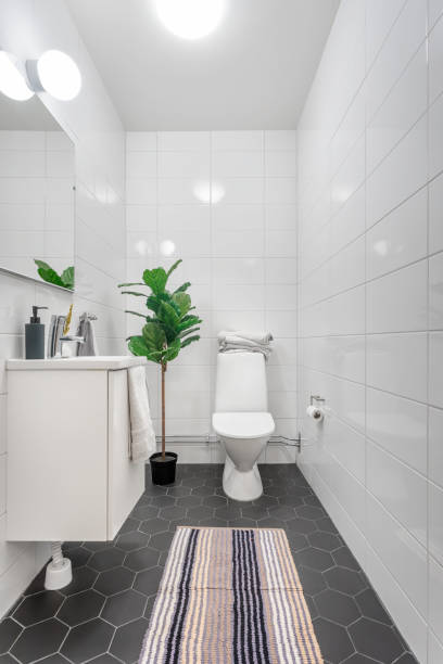 Small tiled bathroom stock photo