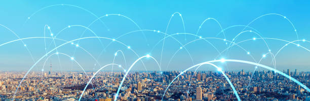 スマートシティと通信ネットワークのコンセプト。5g. lpwa (低電力広域)無線通信。 - ネットワーク ストックフォトと画像