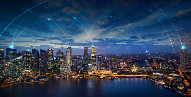 smart city and moderncommunication network digital connection lines on a night skyline, wireless communication network concept singapore stock pictures, royalty-free photos & images