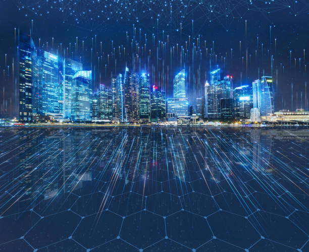 Smart city dot point connect with gradient grid line, connection technology concept. Night city banner with big data. stock photo