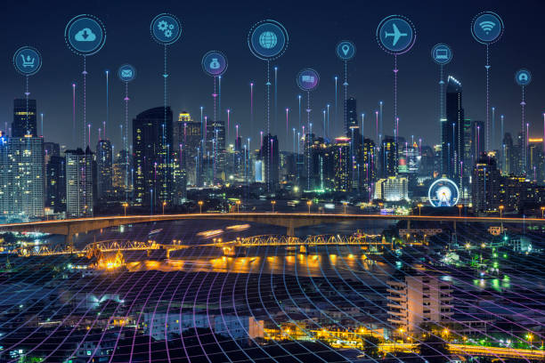 Smart city dot point connect with gradient grid line, internet of things connection technology icon concept stock photo