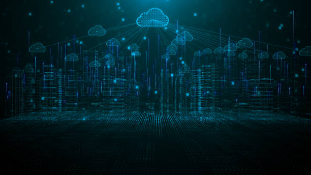 Smart city of cloud computing using artificial intelligence. Futuristic technology internet and big data 5g connection. Cybersecurity digital data background stock photo