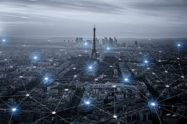 Smart city scape and network connection concept, wireless signal stock photo