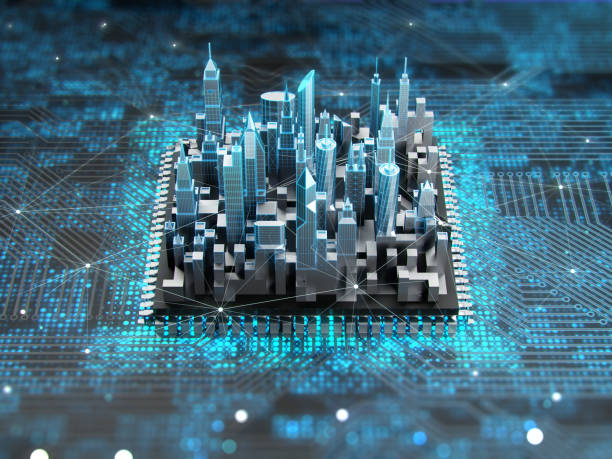 Smart City Technologies. Futuristic city on motherboard with cpu. Concept of smart technology. smart city stock pictures, royalty-free photos & images