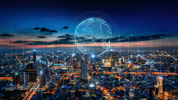 Smart connection network system, smart city network concept, 5G wireless connection. stock photo