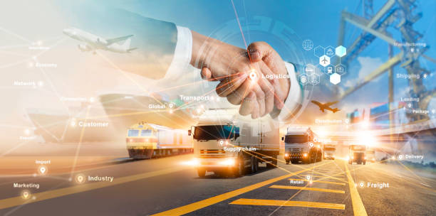 Smart logistics and transportation. Handshake for successful of investment deal teamwork and partnership business partners on logistic global network distribution. Business of transport industrial. stock photo