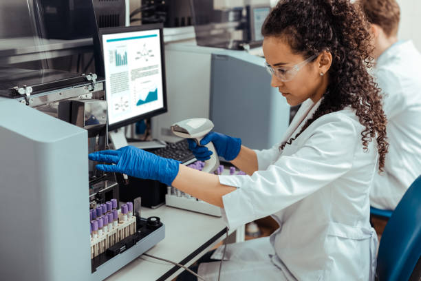 Smart nice woman looking at the test tube Focused on work. Smart nice woman looking at the test tube while being focused on her work blood testing stock pictures, royalty-free photos & images