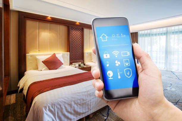 smart phone with modern twin bed room stock photo
