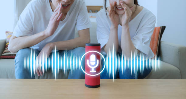 Smart speaker concept. AI speaker. Voice recognition. Smart speaker concept. AI speaker. Voice recognition. speech recognition stock pictures, royalty-free photos & images
