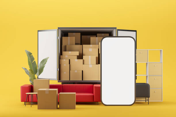 Smartphone and sofa, boxes near trunk, relocation and moving. Mockup display stock photo