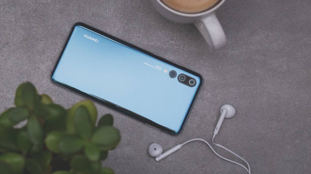 Smartphone Huawei P20 Pro in blue colour. stock photo