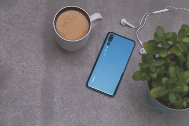 Smartphone Huawei P20 Pro in blue colour. stock photo