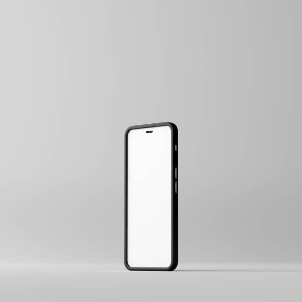 Smartphone mockup with blank white screen on a grey background. 3D Render stock photo