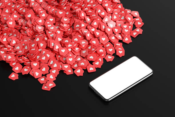 Smartphone near heap of like icons on a black background. 3d rendering stock photo