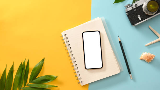 Smartphone white screen mockup with summer compositions background. stock photo