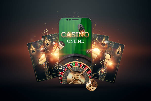 Smartphone with playing cards, chips and roulette, black-gold background. Concept of online gambling, online casino. Copy space. 3D illustration, 3D render. stock photo
