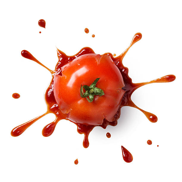 smash tomato crushed or splattered tomato with ketchup isolated on white rotting stock pictures, royalty-free photos & images
