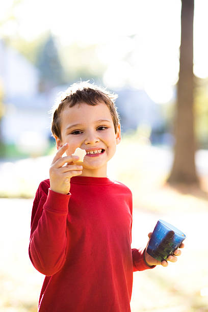 Smiling boy shows healthy cheese snack that he is eating stock photo