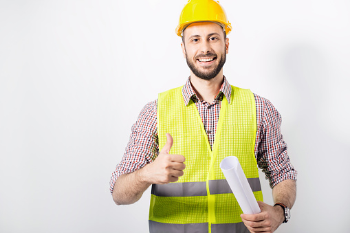 Smiling Construction Worker Shows Thumbs Up Stock Photo - Download Image  Now - iStock