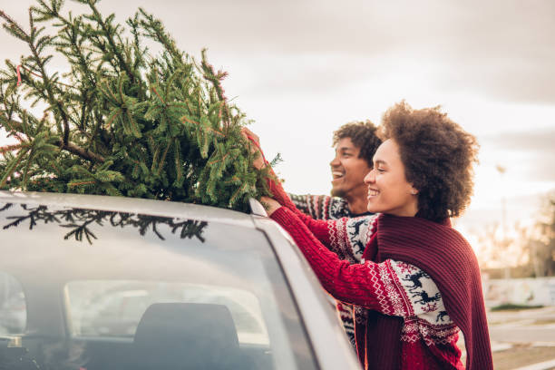 glimlachend paar gelijkmakende kerstboom naar een auto - happy couple cold stockfoto's en -beelden