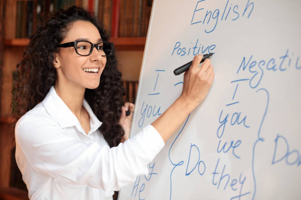 Smiling female teacher writing at whiteboard, explaining rules Lecture Concept. Closeup portrait of cheerful smiling female tutor in spectacles teaching English language, writing grammar rules on whiteboard with marker, explaining new theme to students english language stock pictures, royalty-free photos & images