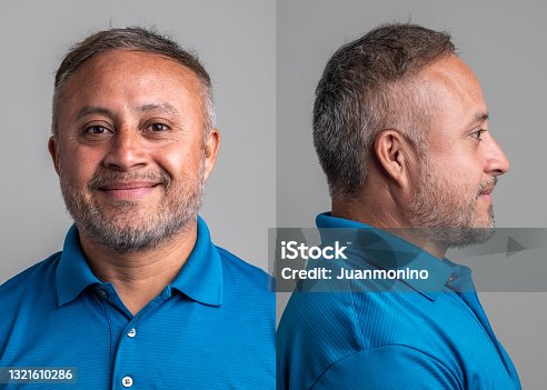istock Smiling hispanic mature man front and profile mugshots 1321610286