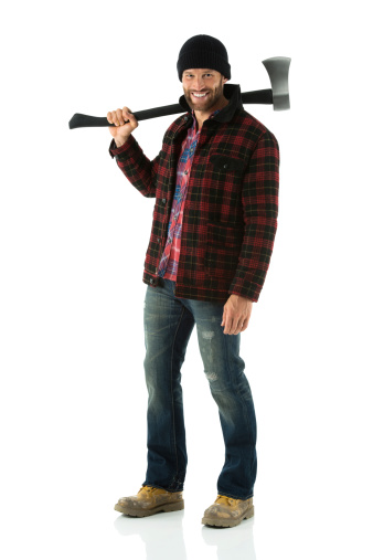 Smiling Lumberman Standing With An Axe Stock Photo - Download Image Now ...